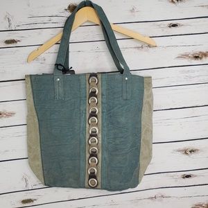 Mona B Upcycled Canvas Leather Tote Purse Blue